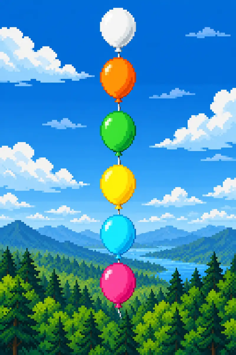 Original illustration of six colored balloons marking score bands from the pond to the sky.