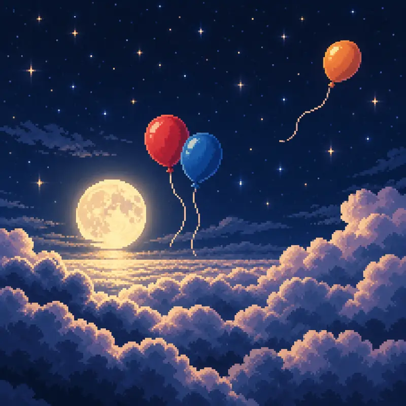 Original illustration of three balloons above clouds, with one balloon missing.