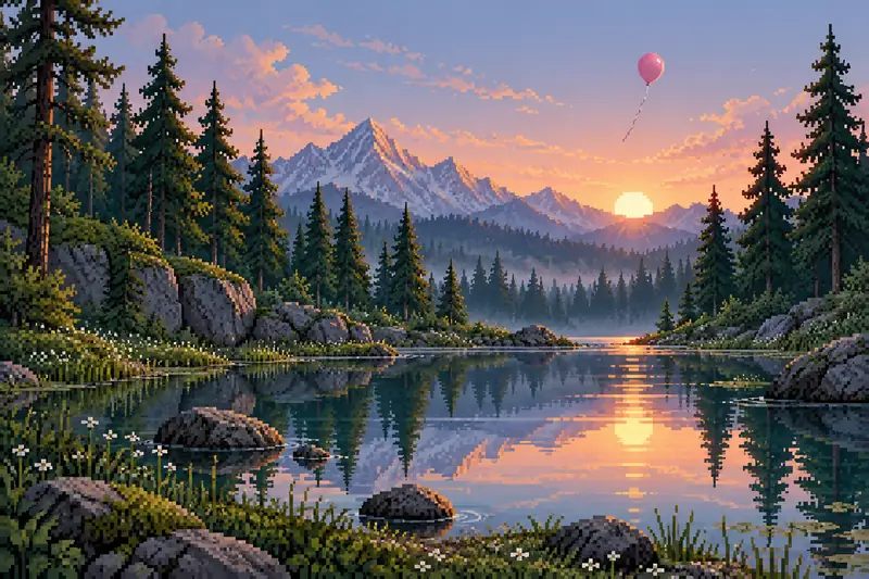 Original illustration of a forest pond at the start of a balloon climb.