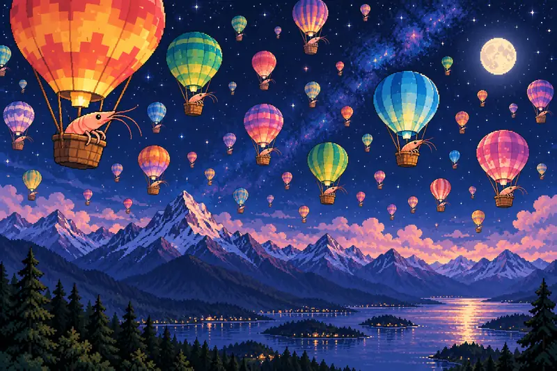 Original illustration of many small balloons sharing one night sky.